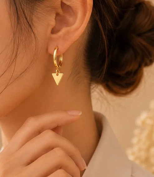 Gold Hoop Triangle Charm Earrings